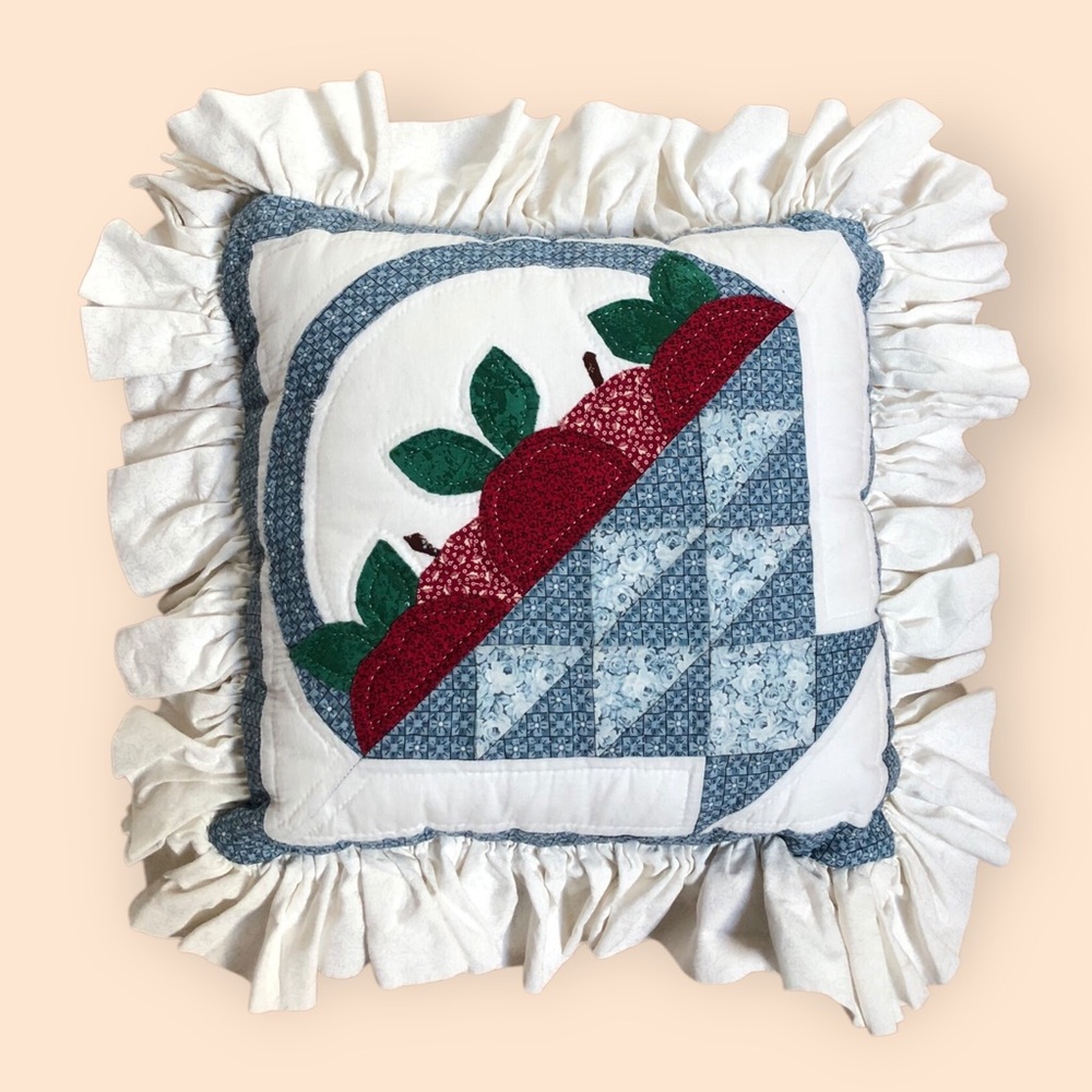 Vintage Handmade Patchwork Quilt Decorative Pillow Apple Basket Cottage Ruffled